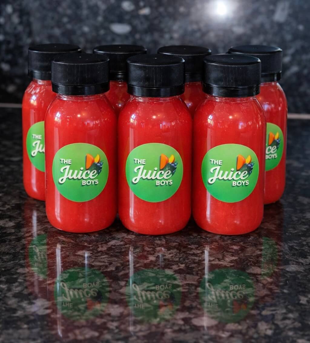 Bottles of 'The Juice Boys' juice on a reflective surface with a dark background