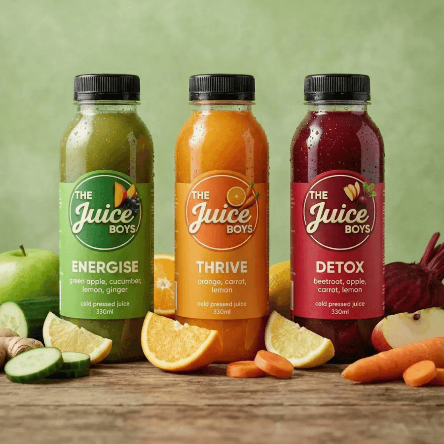 Three bottles of juice from The Juice Boys lined up on a wooden table with fresh ingredients. The left bottle is green and labeled 'Energise' with cucumber, apple, and ginger props.