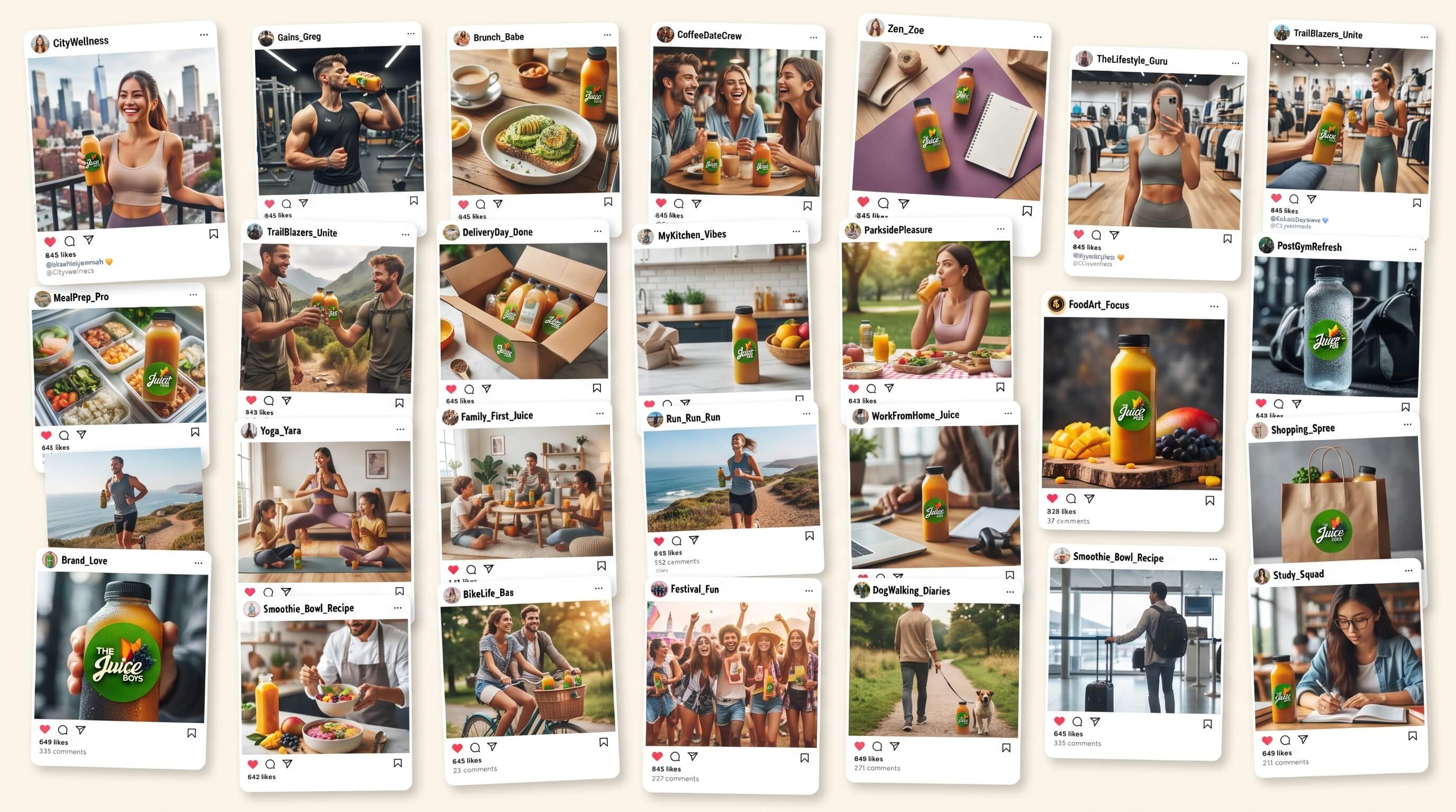 A collage of many small printed instagram posts cards arranged in rows on a light background. Each card contains photos of people, food, drinks, and some text, including several visible Zella juice logos.