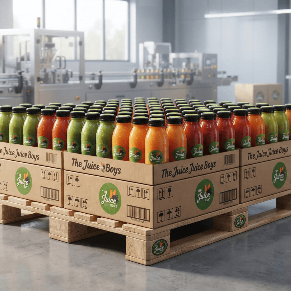 Cartons of bottled juice products labeled 'The Juice Boys' stacked on wooden pallets in a clean industrial warehouse setting. The bottles contain green, orange, and red juices and are arranged in rows behind cardboard shipping boxes with circular green Juice Boys logos.